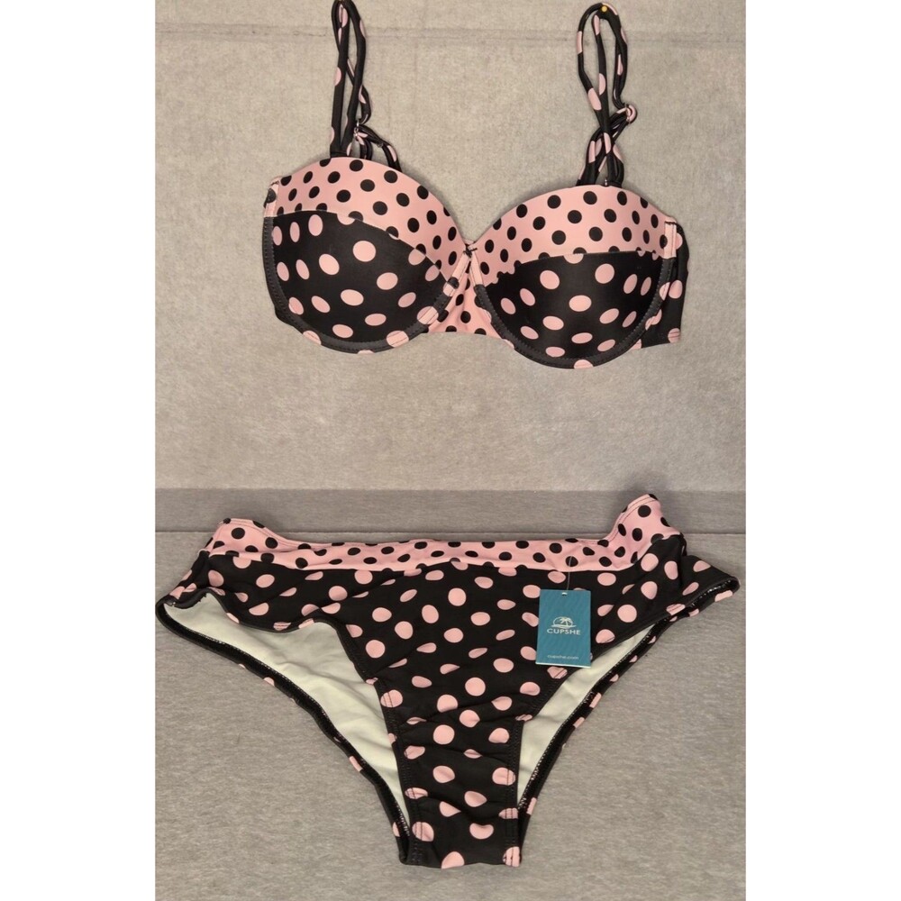 CUPSHE Pink Black Polka Dot Bikini Set Sz L Underwire 2 Piece Swimwear NWT